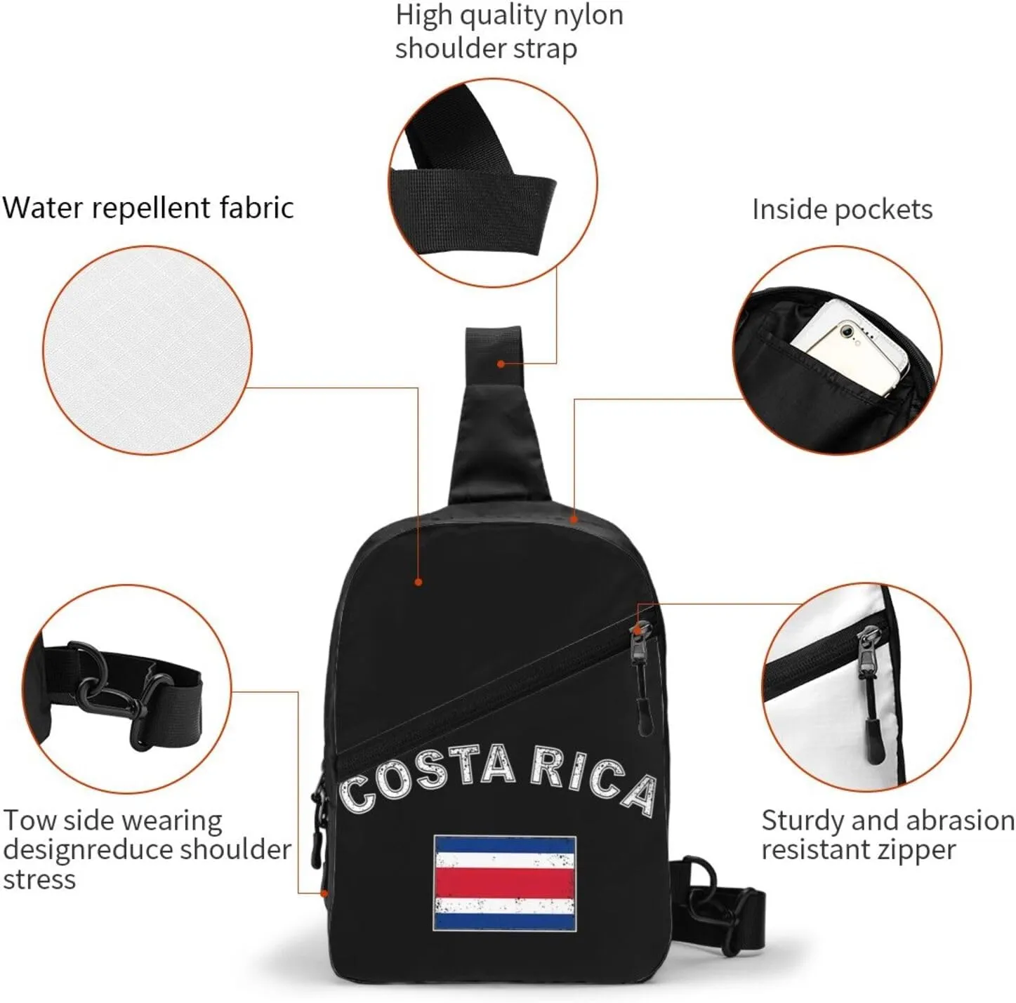 Costa Rica Flag Latin America Packable Crossbody Bag Portable Sling Bags Foldable Travel Daypack Reusable Sports Shoulder Backpack Diagonally Chest Bag for Workout