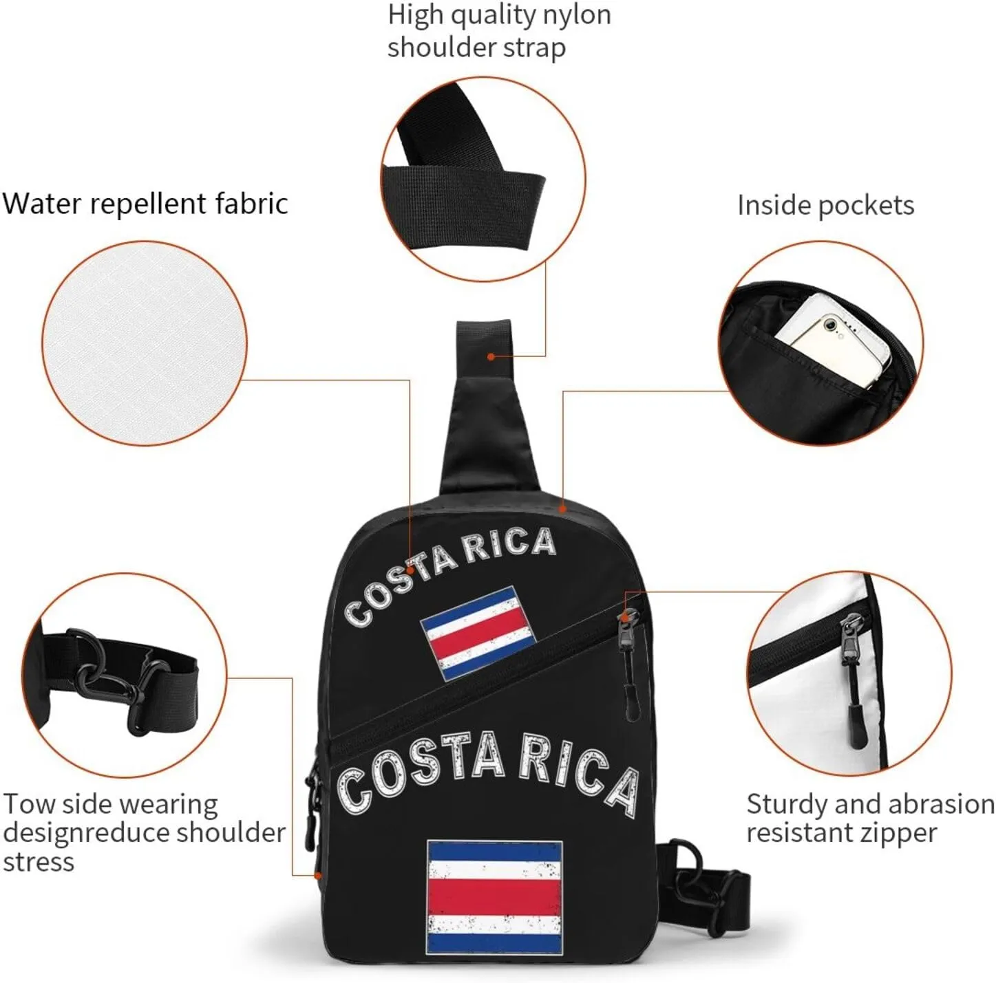 Costa Rica Flag Latin America Packable Crossbody Bag Portable Sling Bags Foldable Travel Daypack Reusable Sports Shoulder Backpack Diagonally Chest Bag for Workout