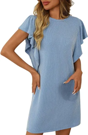 Cotton Striped Ribbed T Shirt Dress for Women Casual Short Sleeve Loose Fit Summer Streetwear 2025 Weekend