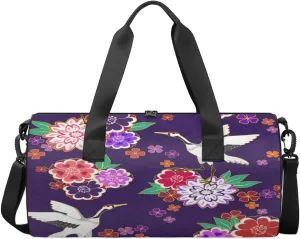 Crane With Flower Sports Duffel Bag, Gym Tote Bag Waterproof Weekender Travel Bag for Overnight Travel Luggage Workout Women Men