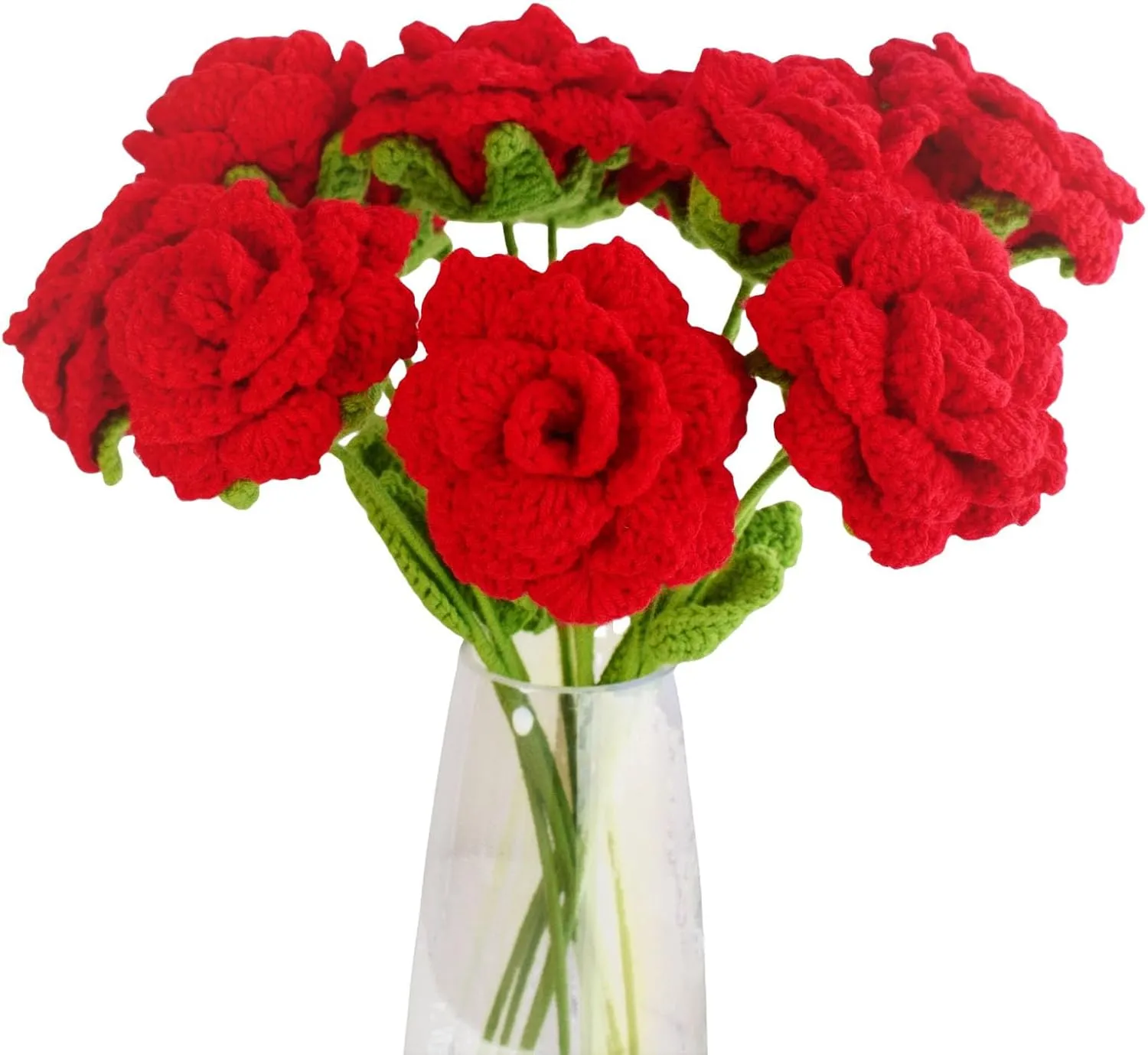 Crochet Red Rose Flower, 6pcs Knitted Roses with Gift Bag and Card, Finished Hand Woven Artificial Rose Flower Gift for Ladies’ Birthday, Valentines, Mom’s, Anniversary, Girlfriend, Wife