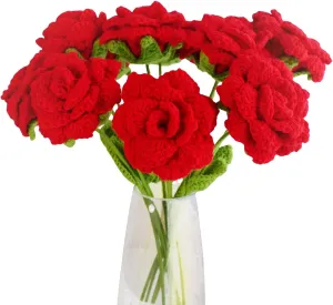 Crochet Red Rose Flower, 6pcs Knitted Roses with Gift Bag and Card, Finished Hand Woven Artificial Rose Flower Gift for Ladies’ Birthday, Valentines, Mom’s, Anniversary, Girlfriend, Wife
