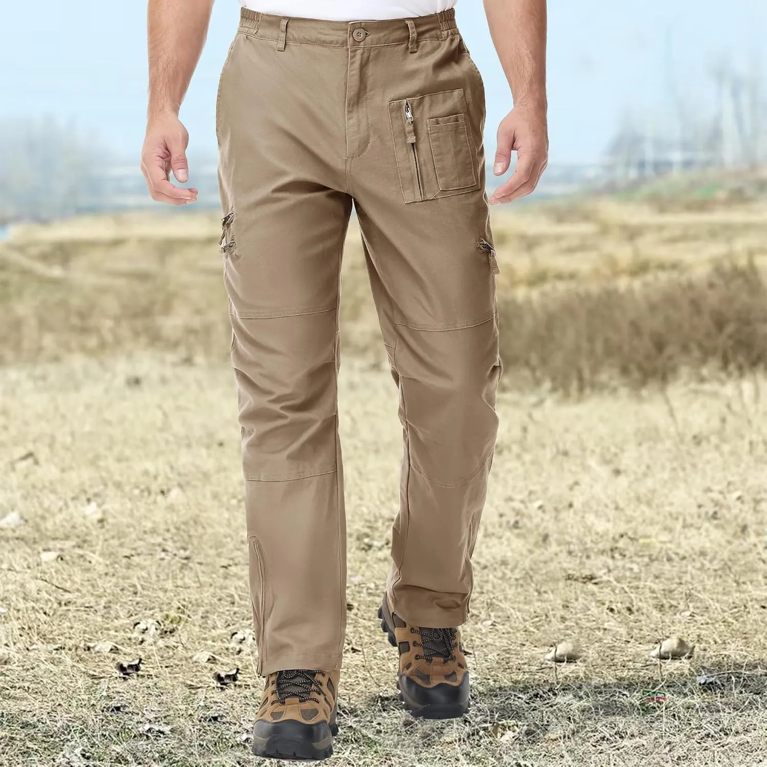 CRYSULLY Men's Tactical Pants Military Work Pants for Men Ripstop 9 Pockets Construction Trousers (No Belt)