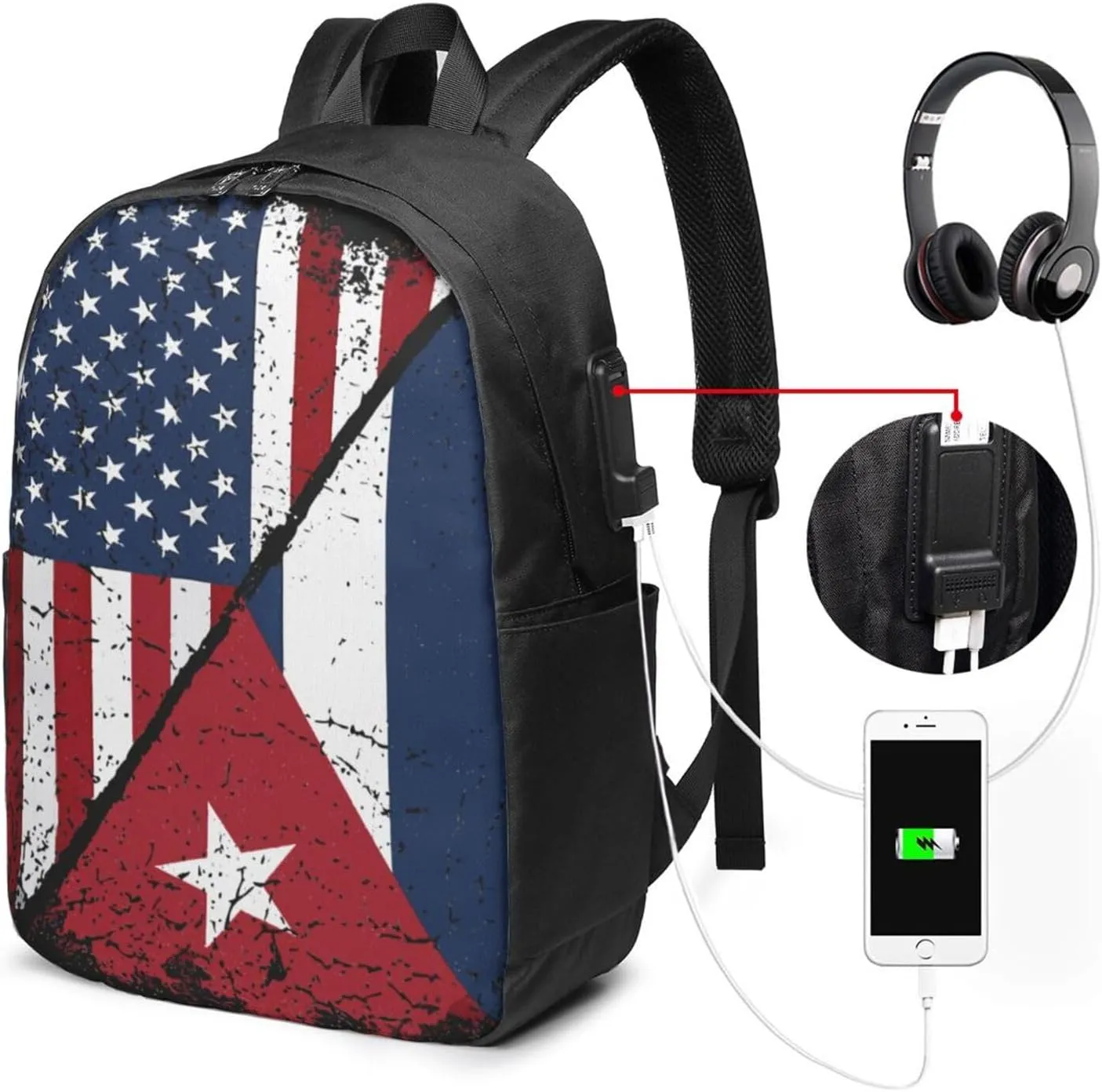 Cuba Cuban American Flag Travel Backpack 17-Inch Laptop Backpacks Business Rucksack Casual Sport Daypack with USB Charging Port Carry-on Bag for Camping Biking