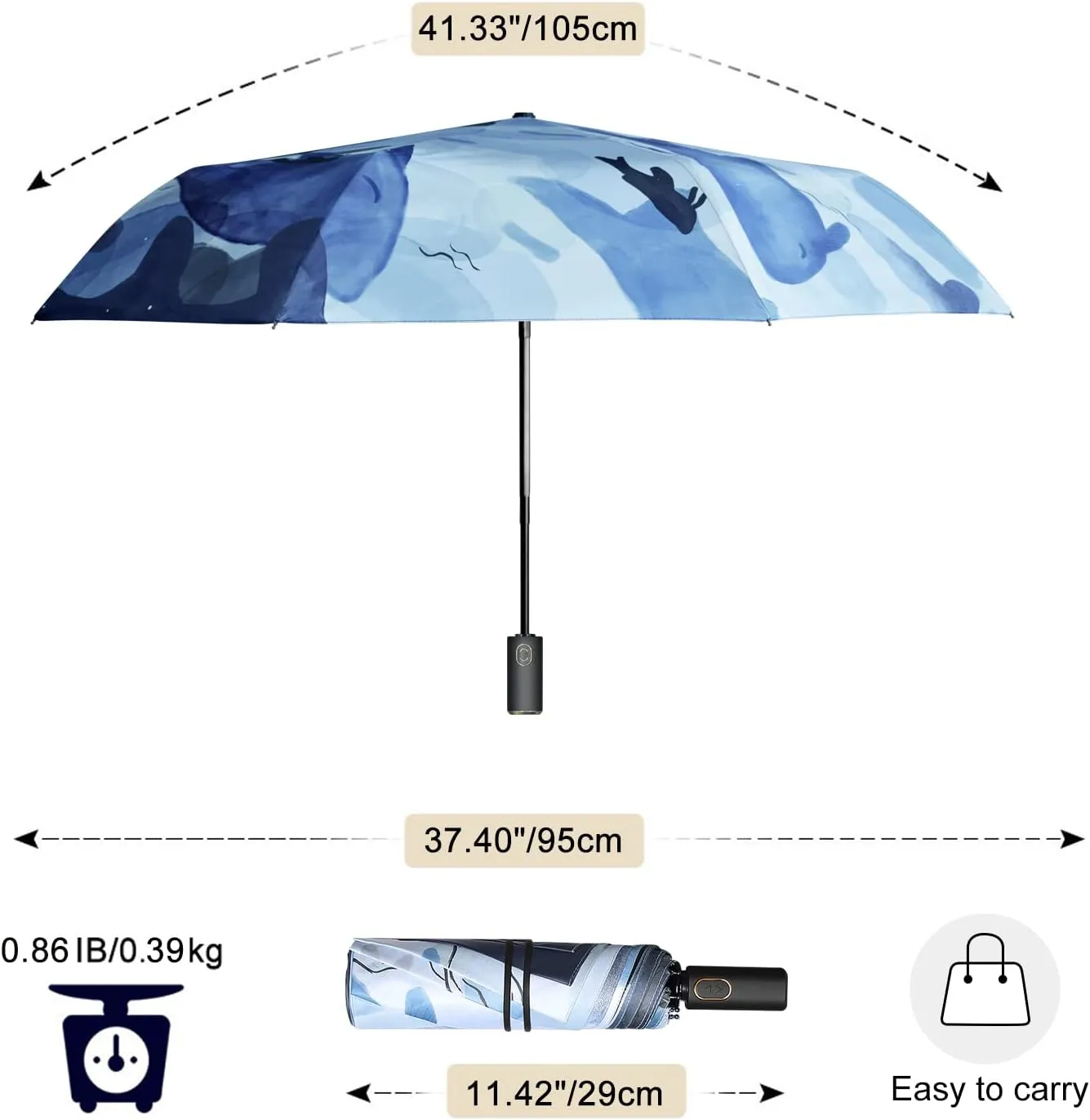 Cuby UV Sun Umbrella Compact Folding Travel Umbrella Auto Open and Close for Windproof, Rainproof & 99.9% UV Protection Parasol with Black Anti-UV Coating (Blue Whale)