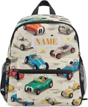 Custom Kids Toddler Mini Backpack for Girls Boys Fashion Race Car Personalised Children's Backpacks Blue School Bag with Kid's Name/Text