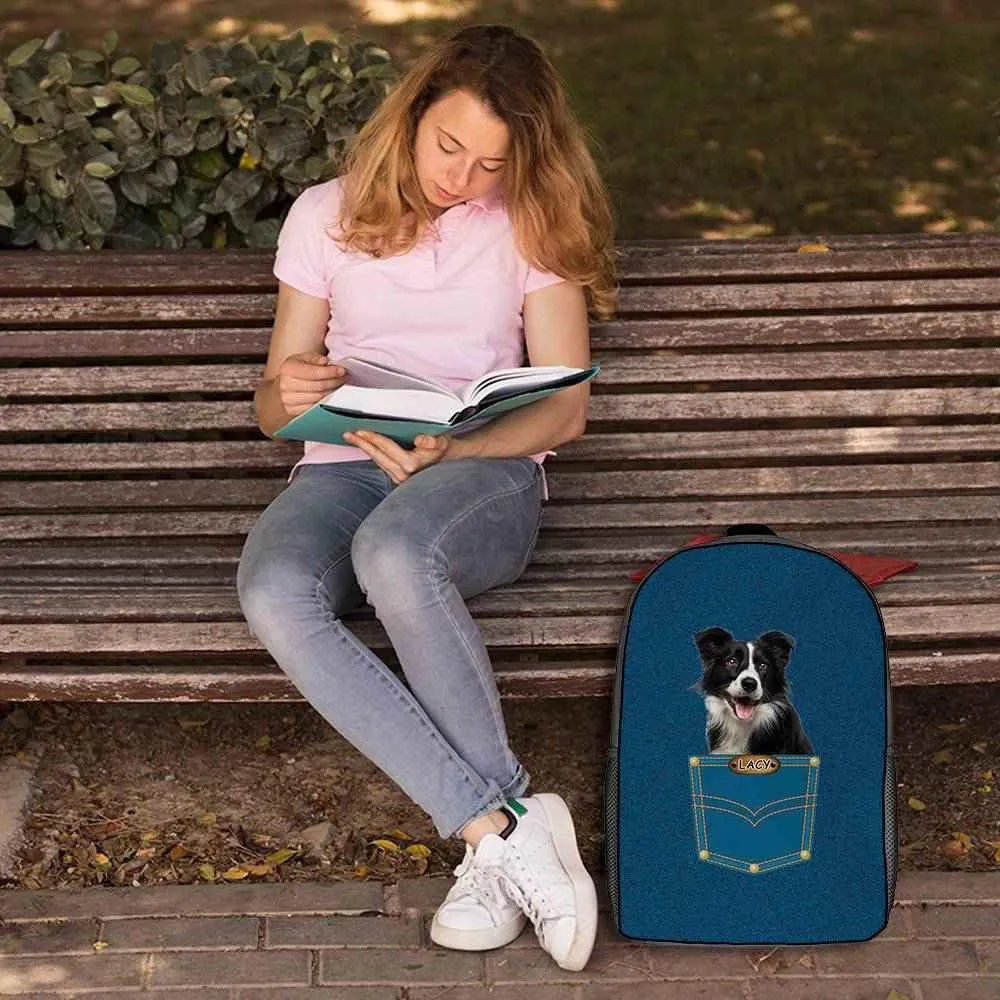 Cute Australian Shepherd Australian Cattle Backpack Bookbag Custom Blue Jeans Print Daypack Laptop Bag for Work Travel Hiking 17 Inch Lightweight