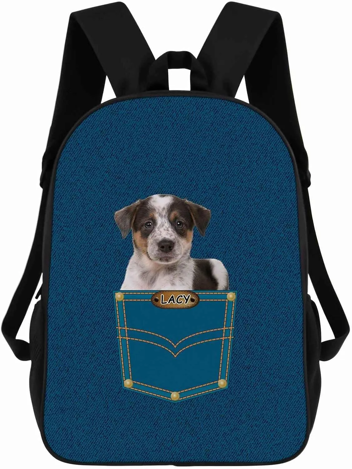 Cute Australian Shepherd Australian Cattle Backpack Bookbag Custom Blue Jeans Print Daypack Laptop Bag for Work Travel Hiking 17 Inch Lightweight