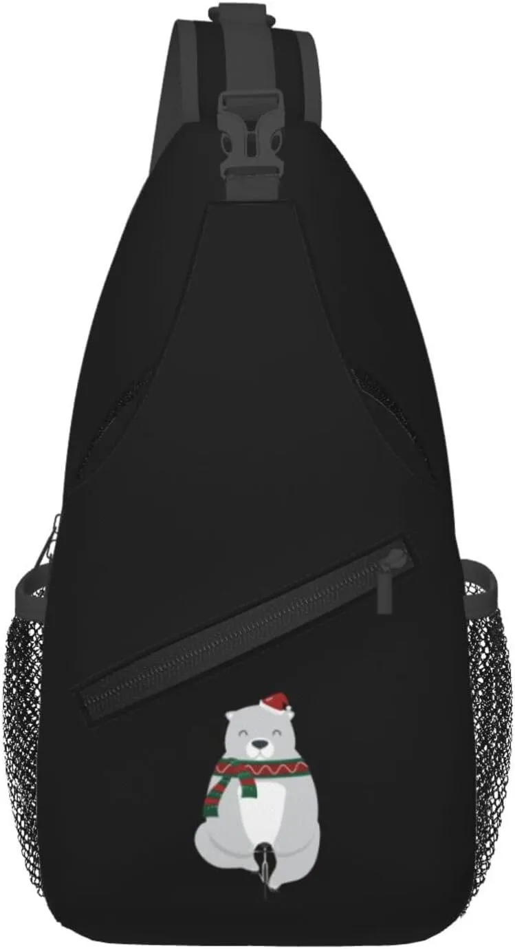 Cute Little Bear Carrying A Santa Hat, Riding A Bicycle Crossbody Bags For Women Men Chest Backpack Gym Shoulder Bag Travel Outdoor Sports Casual Crossbody Bags