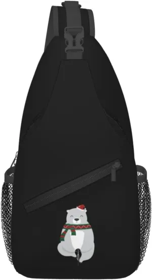 Cute Little Bear Carrying A Santa Hat, Riding A Bicycle Crossbody Bags For Women Men Chest Backpack Gym Shoulder Bag Travel Outdoor Sports Casual Crossbody Bags