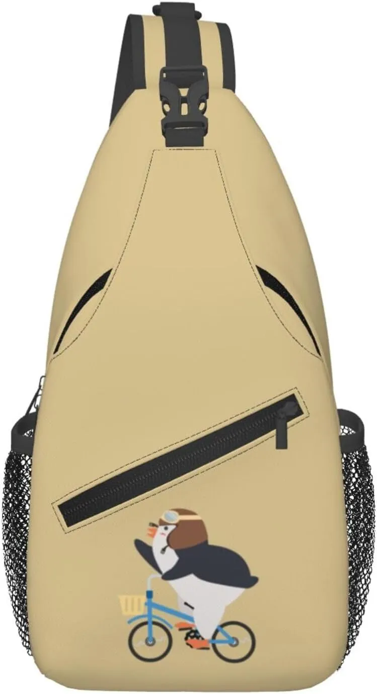 Cute Penguin Riding A Bicycle Crossbody Bags For Women Men Chest Backpack Gym Shoulder Bag Travel Outdoor Sports Casual Crossbody Bags