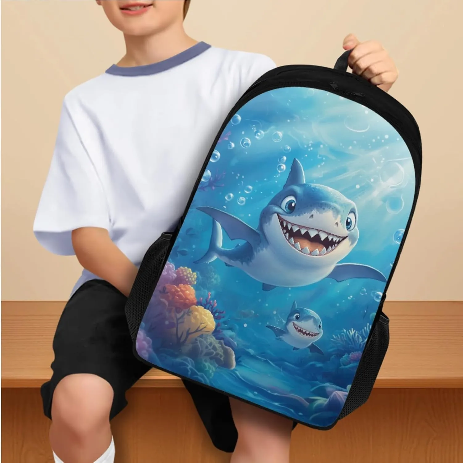 Cute Shark School Backpack Set, Backpacks for 3rd Grade Boys Back to School Pencil Case Lunch Box Water Bottle Holder 4 Piece Bookbag Accessories Sets for School