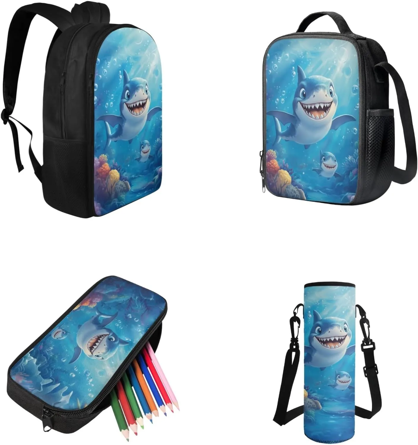 Cute Shark School Backpack Set, Backpacks for 3rd Grade Boys Back to School Pencil Case Lunch Box Water Bottle Holder 4 Piece Bookbag Accessories Sets for School