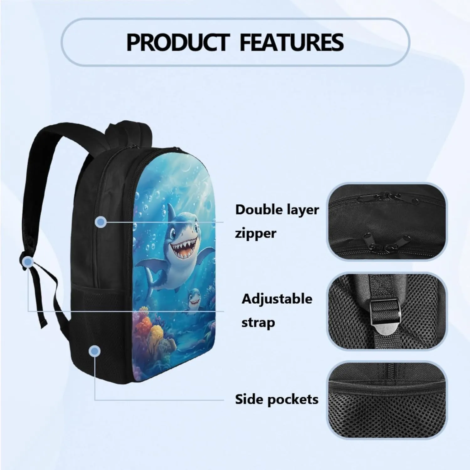 Cute Shark School Backpack Set, Backpacks for 3rd Grade Boys Back to School Pencil Case Lunch Box Water Bottle Holder 4 Piece Bookbag Accessories Sets for School