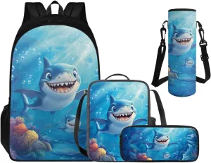 Cute Shark School Backpack Set, Backpacks for 3rd Grade Boys Back to School Pencil Case Lunch Box Water Bottle Holder 4 Piece Bookbag Accessories Sets for School