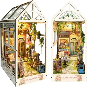 DIY Book Nook Kit - Bookend Diorama with LED - 3D Wooden Puzzle DIY Miniature House Kits - Bookshelf Insert Decor - Booknook Dollhouse Crafts Hobbies Gifts for Adults (Flower Garden)