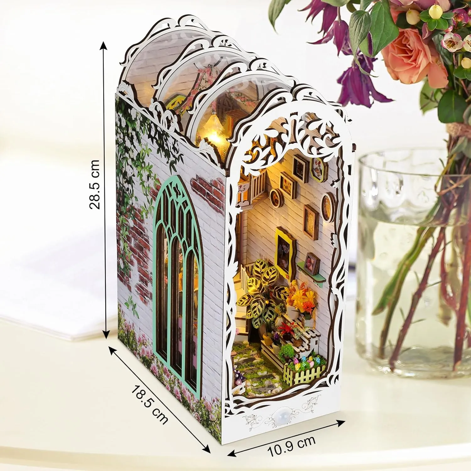 DIY Book Nook Kit, Miniature Dollhouse Bookshelf Insert with LED Light, 3D Wooden Puzzle Bookend Insert, Perfect for Adults, Flower House