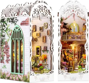 DIY Book Nook Kit, Miniature Dollhouse Bookshelf Insert with LED Light, 3D Wooden Puzzle Bookend Insert, Perfect for Adults, Flower House