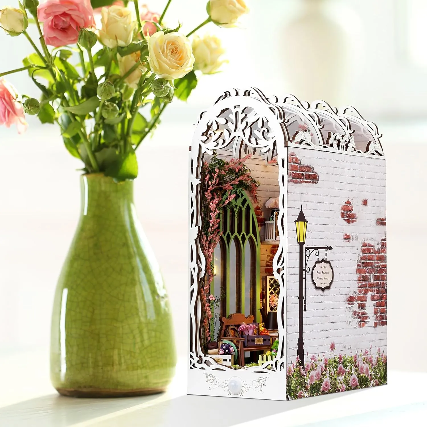DIY Book Nook Kit, Miniature Dollhouse Bookshelf Insert with LED Light, 3D Wooden Puzzle Bookend Insert, Perfect for Adults, Flower House