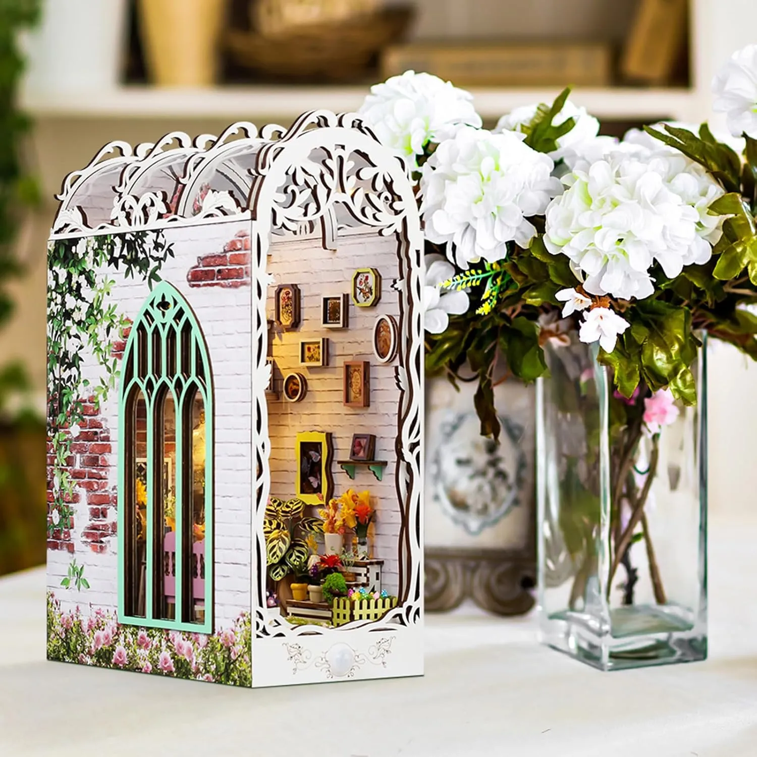 DIY Book Nook Kit, Miniature Dollhouse Bookshelf Insert with LED Light, 3D Wooden Puzzle Bookend Insert, Perfect for Adults, Flower House