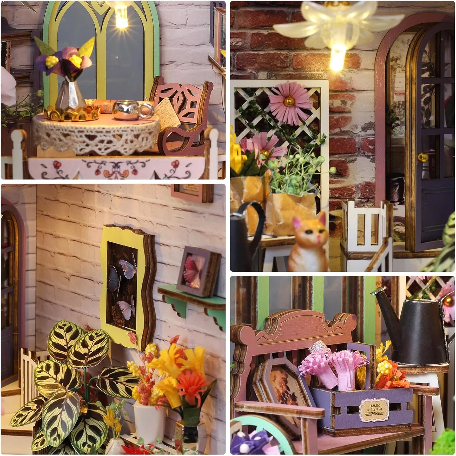 DIY Book Nook Kit, Miniature Dollhouse Bookshelf Insert with LED Light, 3D Wooden Puzzle Bookend Insert, Perfect for Adults, Flower House