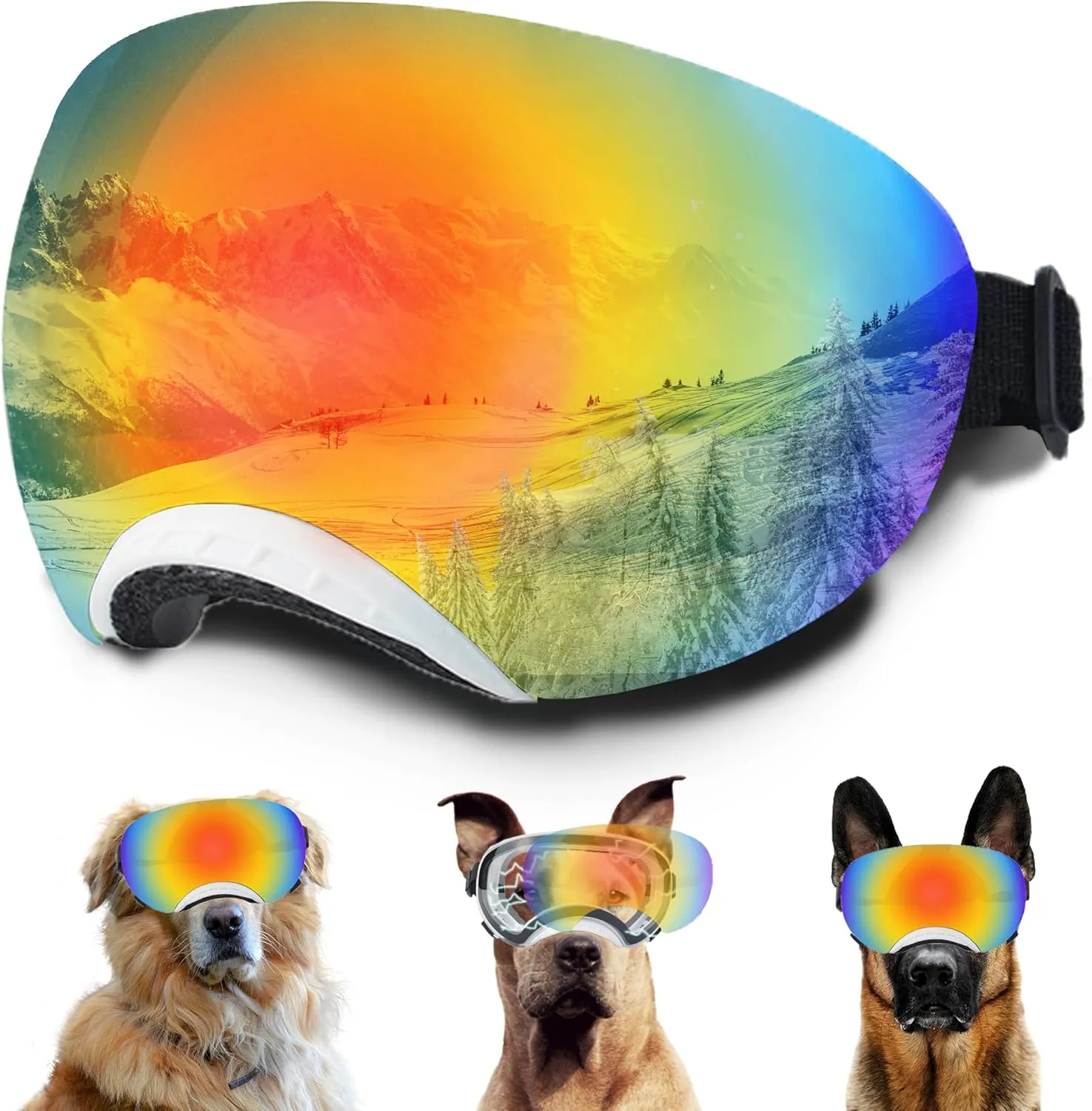 Dog Goggles, Dog Sunglasses Magnetic Reflective Colored Lens,Goggles with Adjustable Strap for Medium-Large Size Dogs(White Frame)