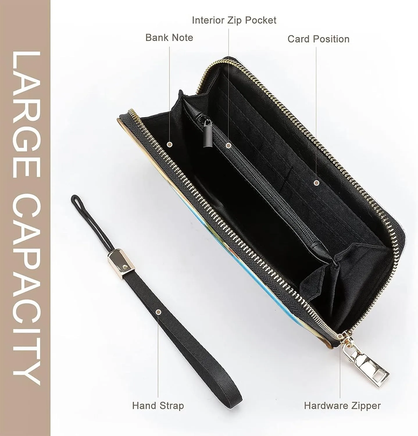 Donnapink Long Clutch Wallet, Long Handbag with Wristlet Strap, PU Leather Zip Purse