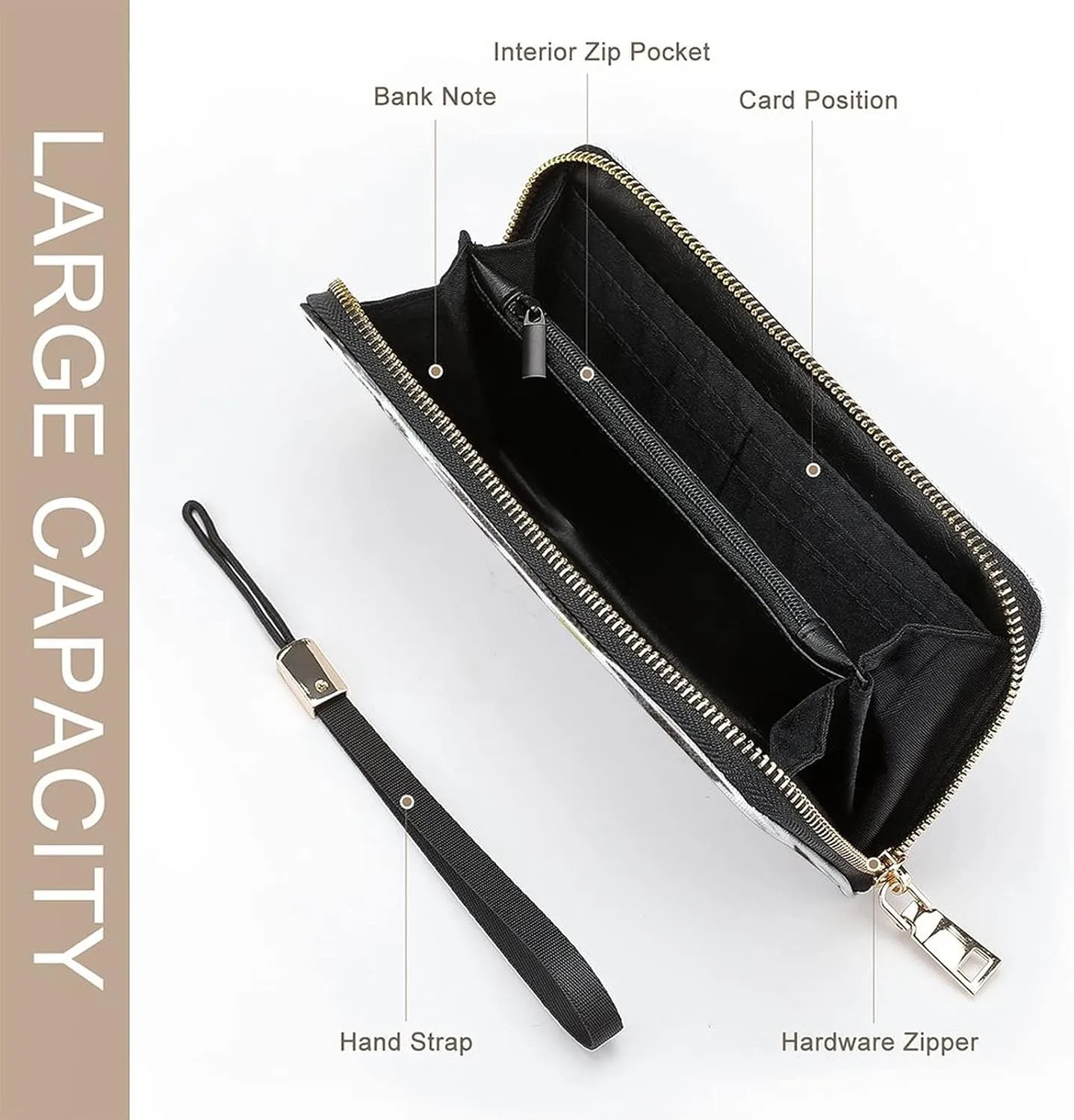Donnapink Long Clutch Wallet, Long Handbag with Wristlet Strap, PU Leather Zip Purse