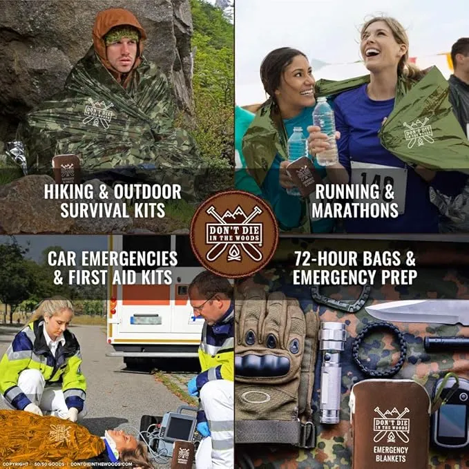 Don't Die In The Woods - Freakin’ Huge Emergency Blankets [4-Pack] Extra-Large Thermal Mylar Space Blankets with Ripstop Nylon Stuff Sacks   Carabiner Zipper Pack [Army Green]