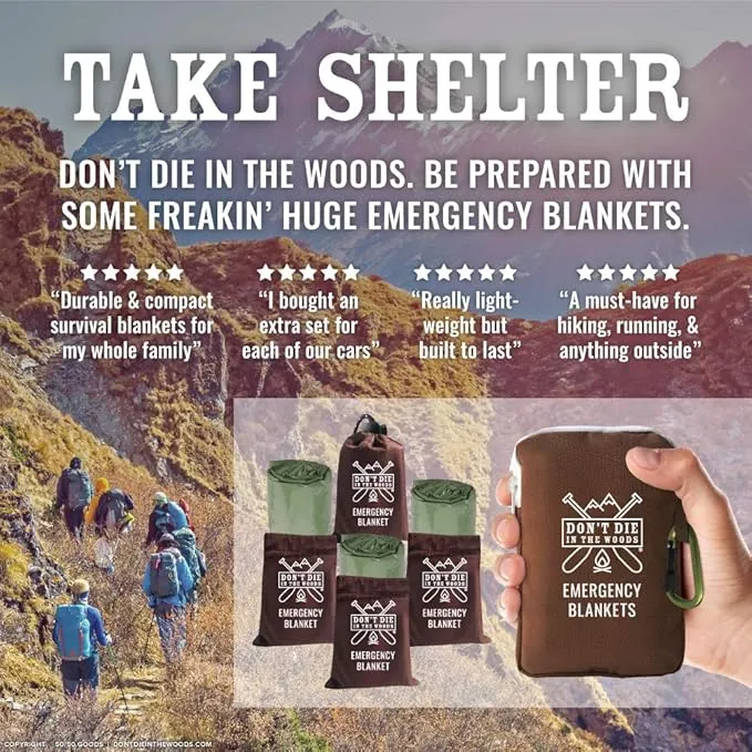 Don't Die In The Woods - Freakin’ Huge Emergency Blankets [4-Pack] Extra-Large Thermal Mylar Space Blankets with Ripstop Nylon Stuff Sacks   Carabiner Zipper Pack [Army Green]