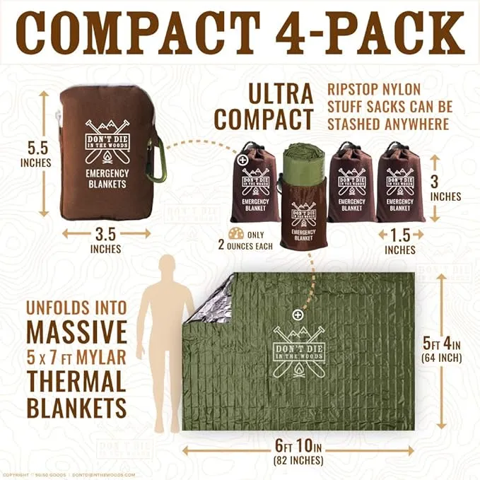 Don't Die In The Woods - Freakin’ Huge Emergency Blankets [4-Pack] Extra-Large Thermal Mylar Space Blankets with Ripstop Nylon Stuff Sacks   Carabiner Zipper Pack [Army Green]