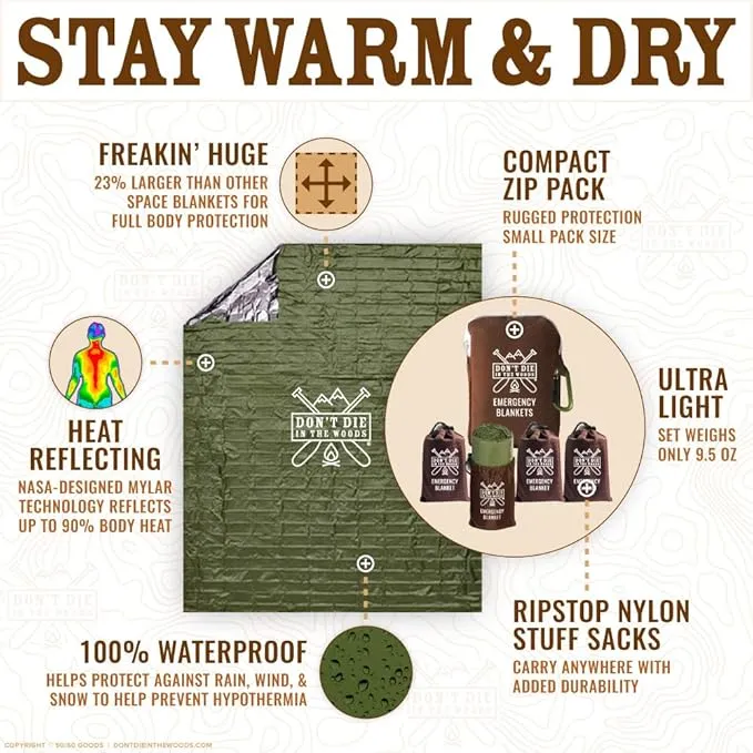 Don't Die In The Woods - Freakin’ Huge Emergency Blankets [4-Pack] Extra-Large Thermal Mylar Space Blankets with Ripstop Nylon Stuff Sacks   Carabiner Zipper Pack [Army Green]