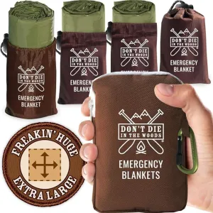 Don't Die In The Woods - Freakin’ Huge Emergency Blankets [4-Pack] Extra-Large Thermal Mylar Space Blankets with Ripstop Nylon Stuff Sacks   Carabiner Zipper Pack [Army Green]
