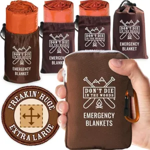 Don't Die In The Woods - Freakin’ Huge Emergency Blankets [4-Pack] Extra-Large Thermal Mylar Space Blankets with Ripstop Nylon Stuff Sacks   Carabiner Zipper Pack [Survival Orange]