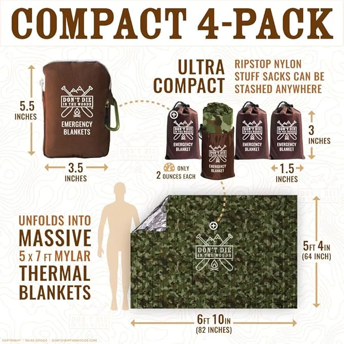 Don't Die In The Woods - Freakin’ Huge Emergency Blankets [4-Pack] Extra-Large Thermal Mylar Space Blankets with Ripstop Nylon Stuff Sacks   Carabiner Zipper Pack [Woodland Camo]
