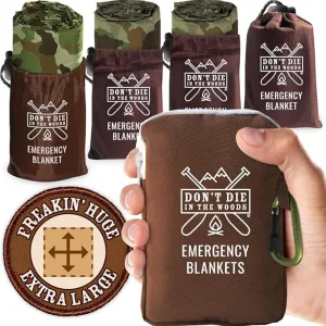Don't Die In The Woods - Freakin’ Huge Emergency Blankets [4-Pack] Extra-Large Thermal Mylar Space Blankets with Ripstop Nylon Stuff Sacks   Carabiner Zipper Pack [Woodland Camo]