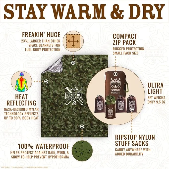 Don't Die In The Woods - Freakin’ Huge Emergency Blankets [4-Pack] Extra-Large Thermal Mylar Space Blankets with Ripstop Nylon Stuff Sacks   Carabiner Zipper Pack [Woodland Camo]