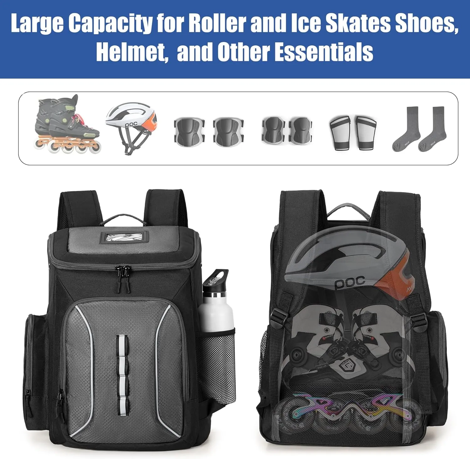 DSLEAF Roller Skate Bag with Large Capacity, Ice Skate Bag Backpack Holds Shoes Up to US Men Size 13, Figure Skate Bag with Multiple Pockets for Inline, Figure, Quad, Speed, Hockey Skating
