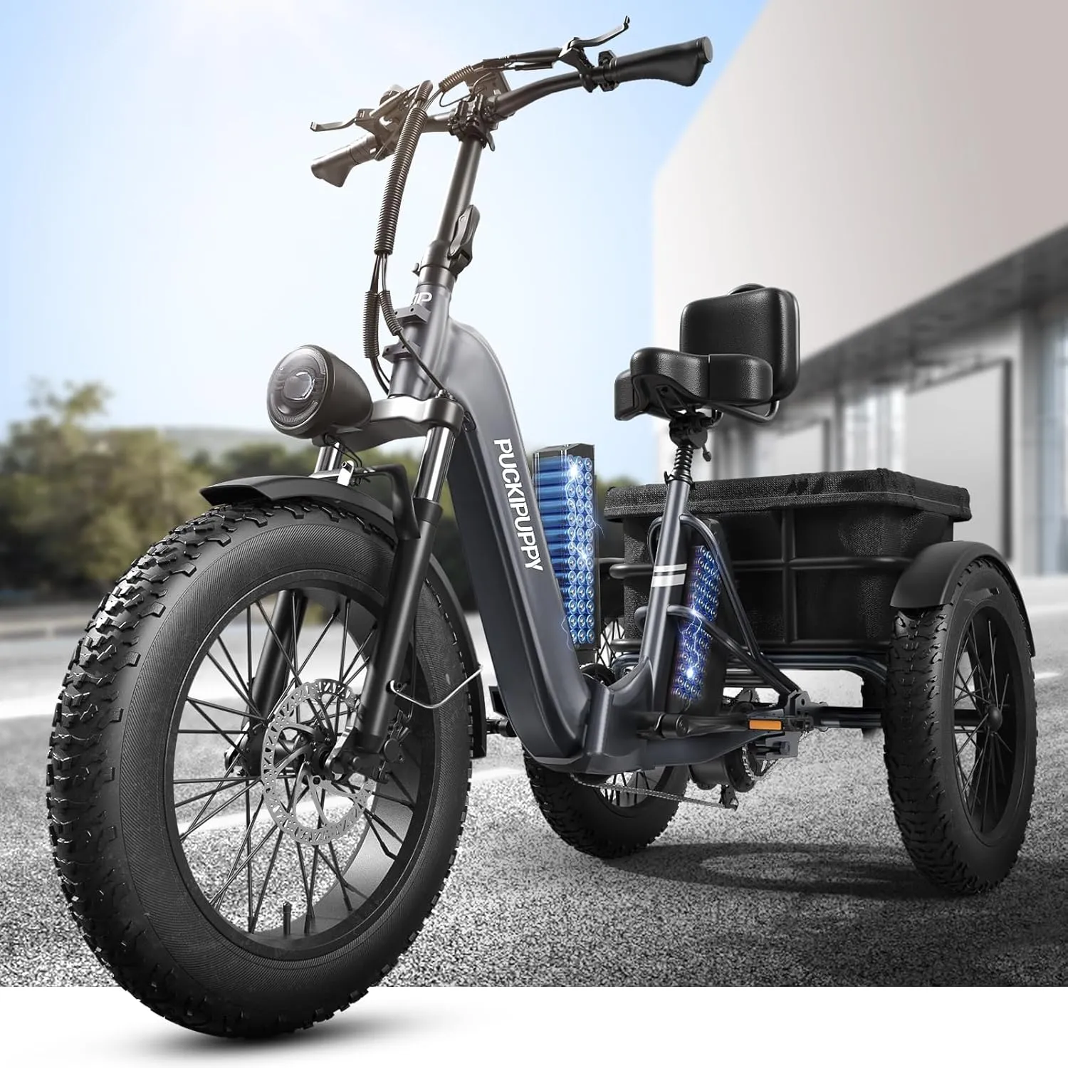 Dual Battery Electric Tricycle with 110-Mile High Range, 750w Motor Pickup Class Trike, 500lb Load Capacity, 20'' Fat Tires and Large Basket for City and Mountain Trails, Husky Plus (Grey)