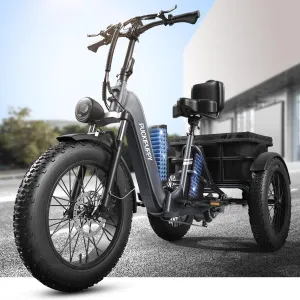 Dual Battery Electric Tricycle with 110-Mile High Range, 750w Motor Pickup Class Trike, 500lb Load Capacity, 20'' Fat Tires and Large Basket for City and Mountain Trails, Husky Plus (Grey)