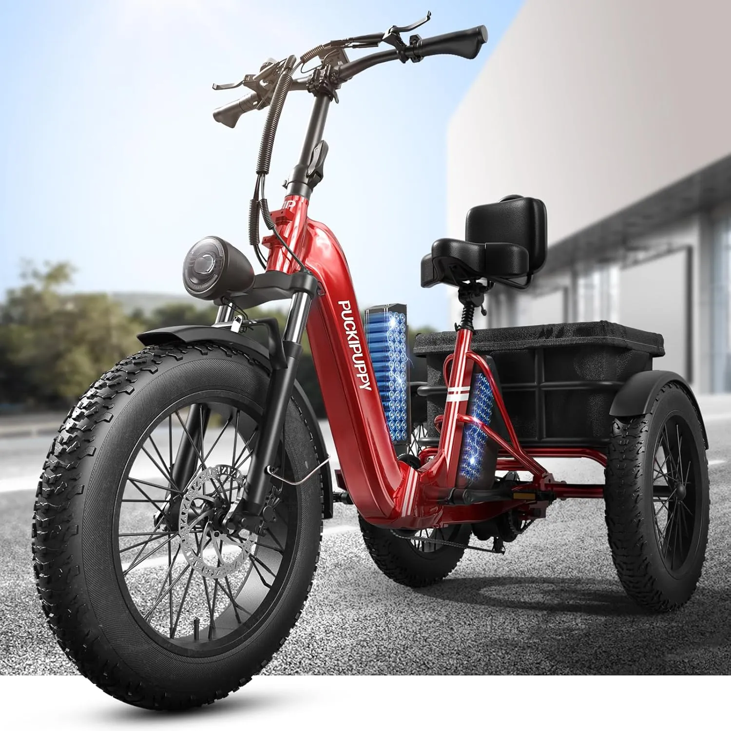 Dual Battery Electric Tricycle with 110-Mile High Range, 750w Motor Pickup Class Trike, 500lb Load Capacity, 20'' Fat Tires and Large Basket for City and Mountain Trails, Husky Plus (Red)