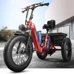 Dual Battery Electric Tricycle with 110-Mile High Range, 750w Motor Pickup Class Trike, 500lb Load Capacity, 20'' Fat Tires and Large Basket for City and Mountain Trails, Husky Plus (Red)