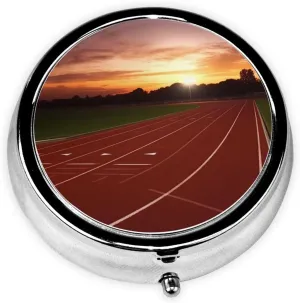 Dusk Running Track Pill Box Round Pill Case for Pocket Purse 3 Compartment Medicine Pill Organizer Cute Portable Travel Pillbox Vitamin Cod Liver Oil Storage Box Unique Gift Organizer