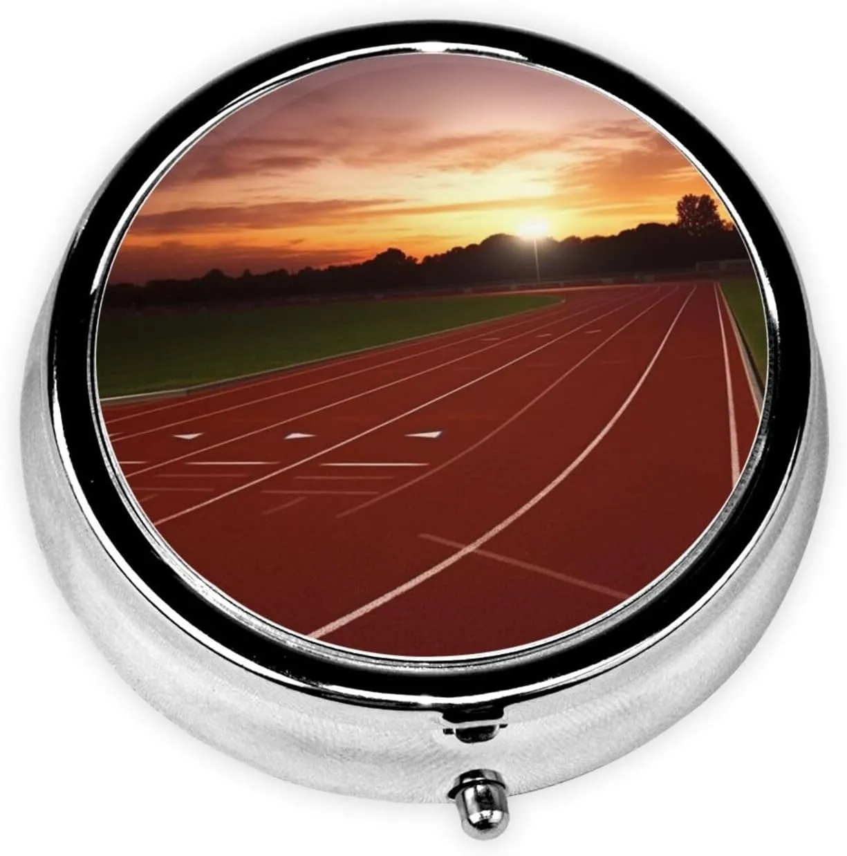 Dusk Running Track Pill Box Round Pill Case for Pocket Purse 3 Compartment Medicine Pill Organizer Cute Portable Travel Pillbox Vitamin Cod Liver Oil Storage Box Unique Gift Organizer