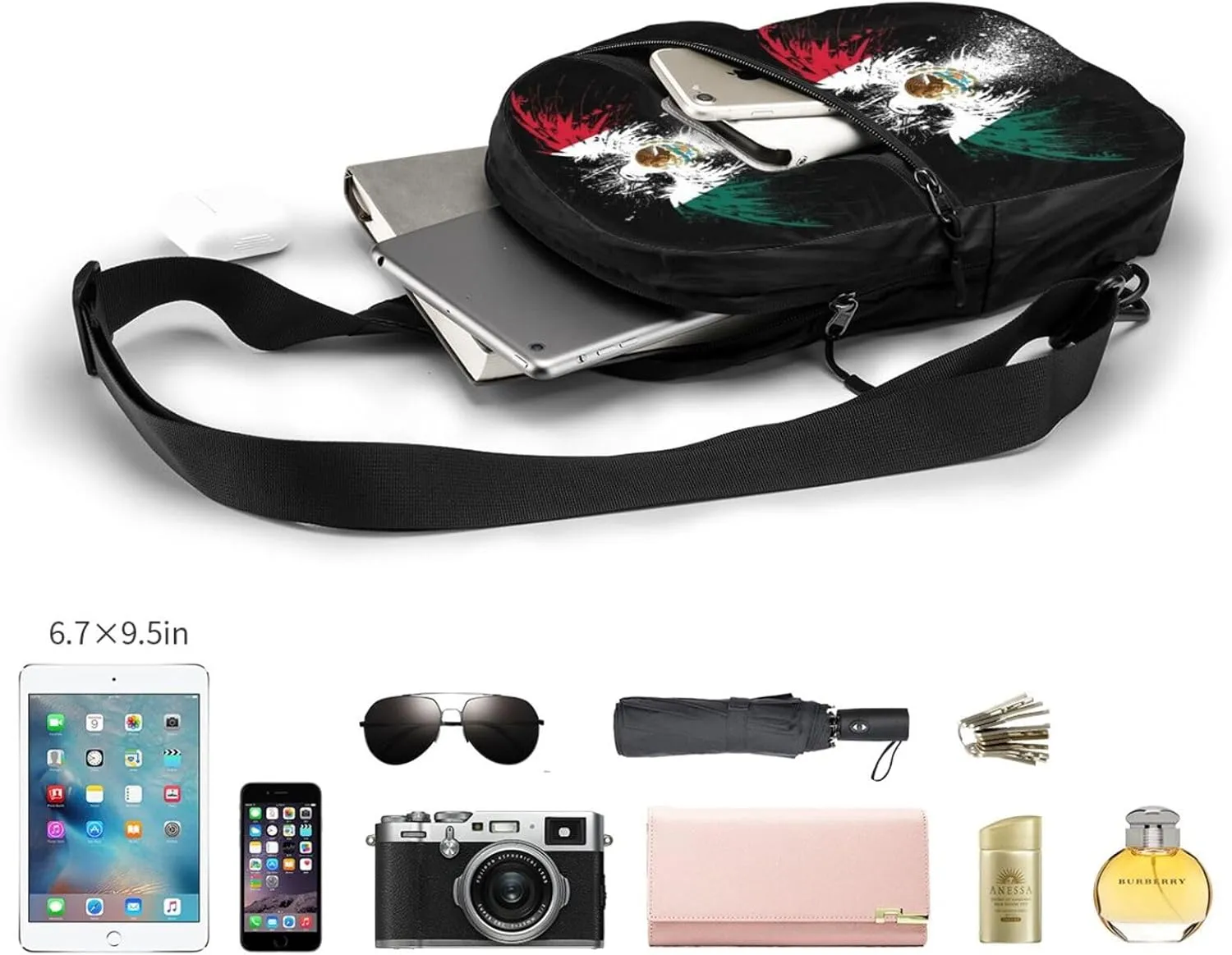 Eagle Insignia Mexican Flag Portable Crossbody Bag Foldable Sling Bags Sports Gym Chest Daypack Reusable Shoulder Backpack Casual Diagonally Rucksack Fanny Packs