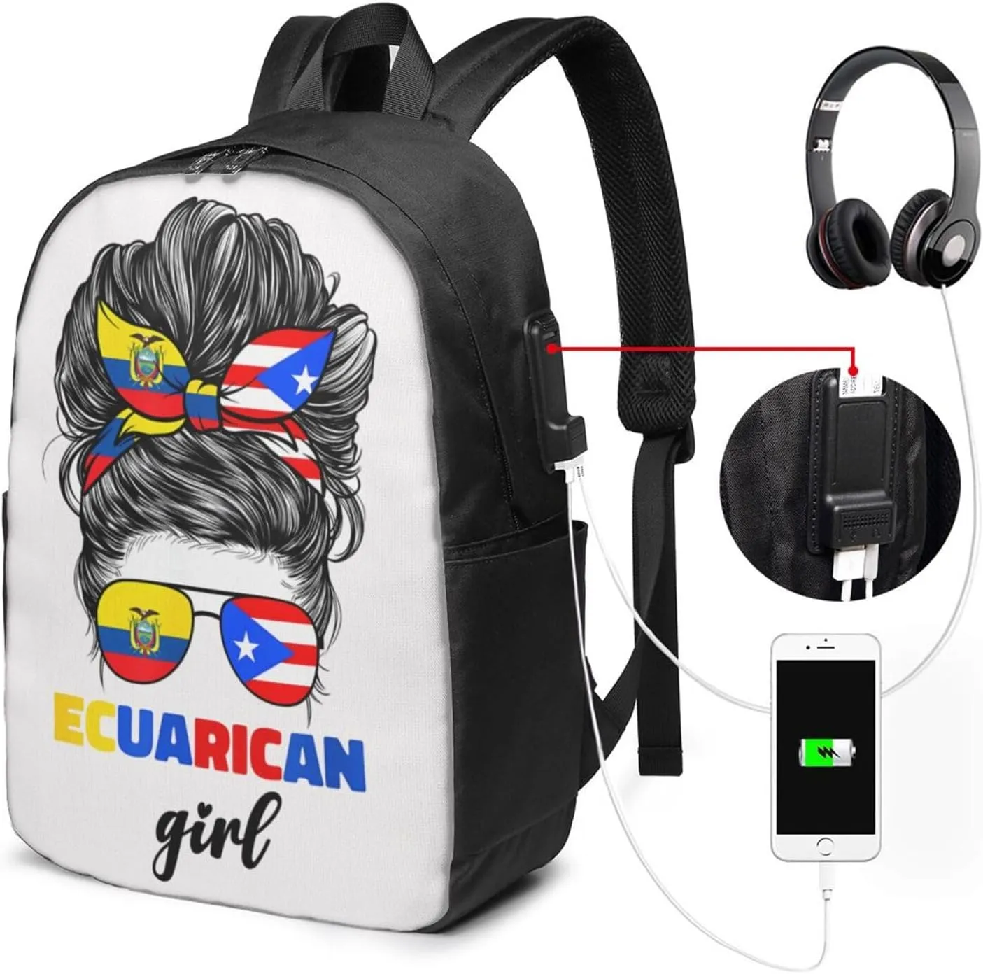 Ecuadorian Puerto Rican Rico Ecuador Flag Women Travel Backpack 17-Inch Laptop Backpacks Business Rucksack Casual Sport Daypack with USB Charging Port Carry-on Bag for Camping Biking