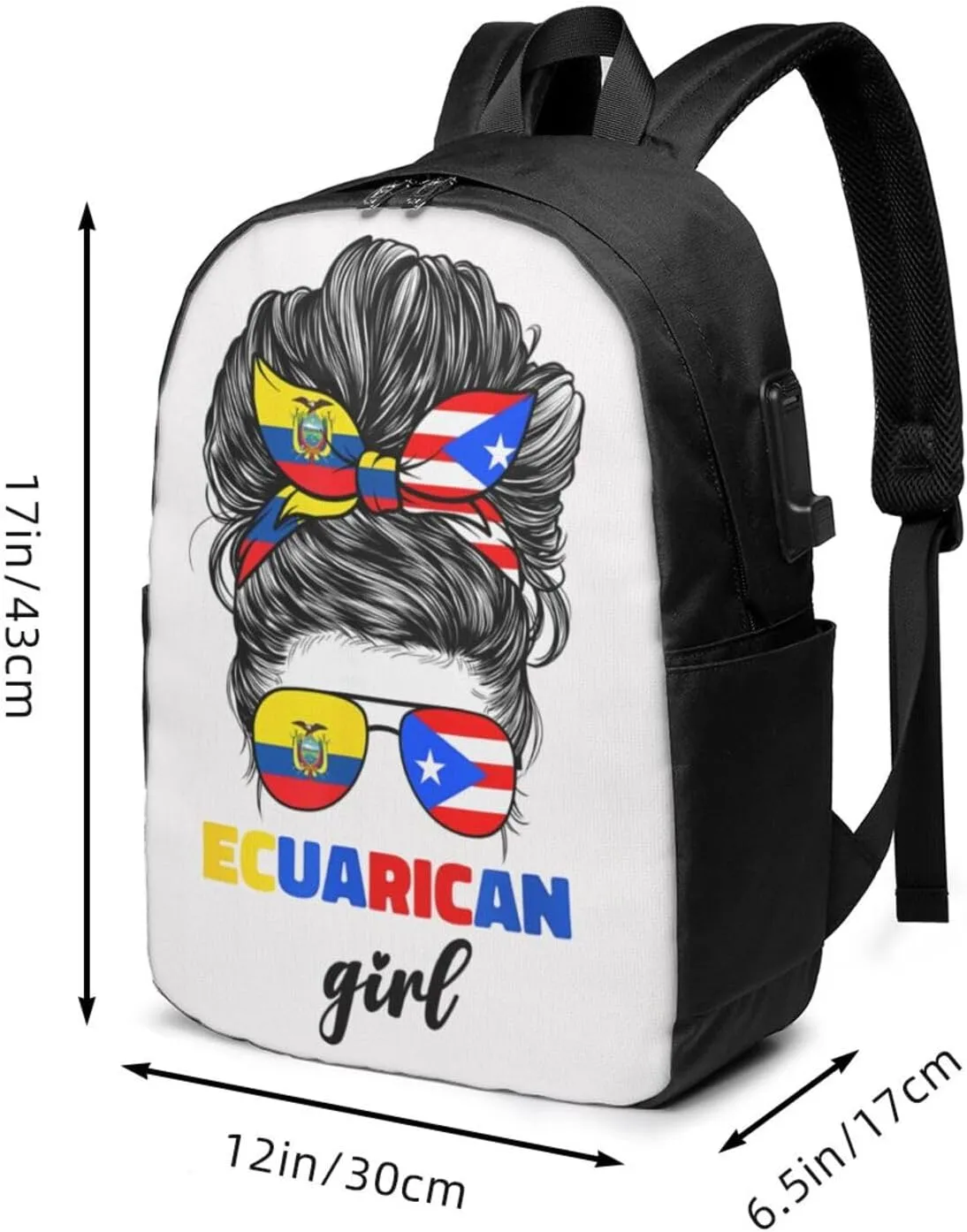 Ecuadorian Puerto Rican Rico Ecuador Flag Women Travel Backpack 17-Inch Laptop Backpacks Business Rucksack Casual Sport Daypack with USB Charging Port Carry-on Bag for Camping Biking