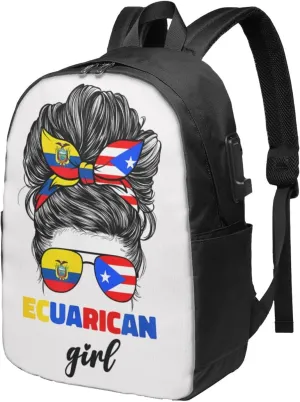 Ecuadorian Puerto Rican Rico Ecuador Flag Women Travel Backpack 17-Inch Laptop Backpacks Business Rucksack Casual Sport Daypack with USB Charging Port Carry-on Bag for Camping Biking