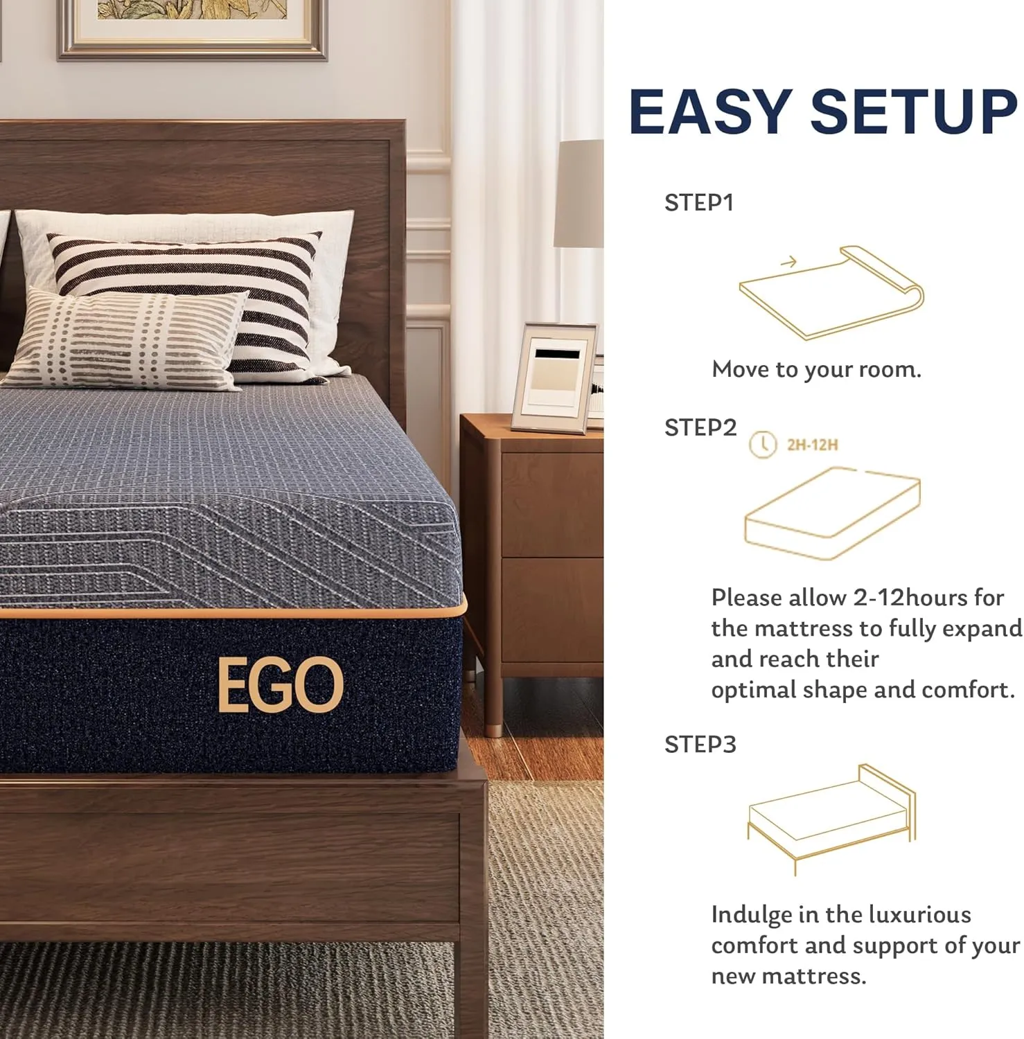 EGOHOME 12 Inch Queen Mattress, Copper Gel Cooling Memory Foam for Back Pain Relief, Therapeutic Bed in a Box, Foam Made in USA, CertiPUR-US Certified, 60x80x12 Black