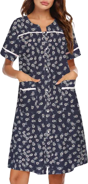 Ekouaer Sleepwear Womens Snap Front Nightgown Housecoat Cotton Duster Short Sleeve House Dress